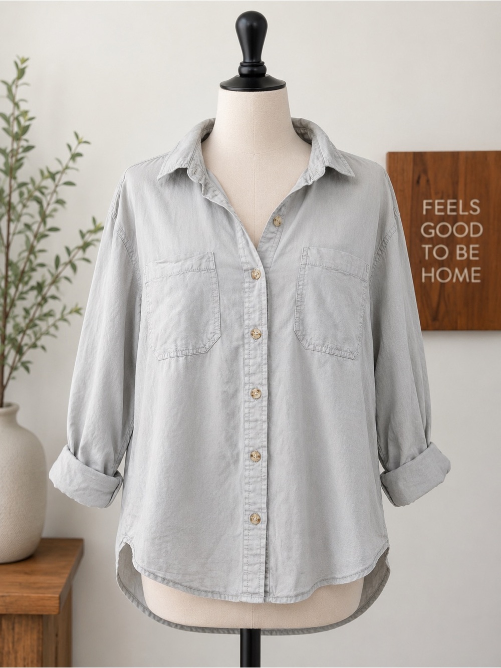Women's Light Gray Button-Down Shirt with Chest Pockets